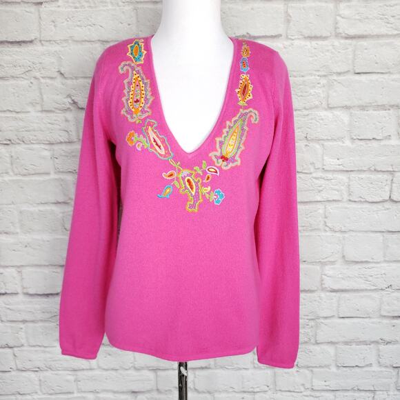 Ralph Lauren Black Label Embroidered Pink V-Neck Cashmere Sweater Size M - Picture 1 of 14